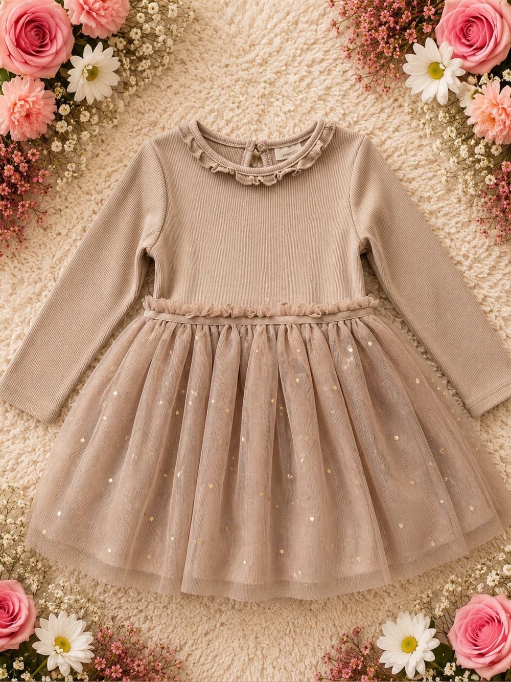 H&M Beige Tulle Dress with Gold Accents